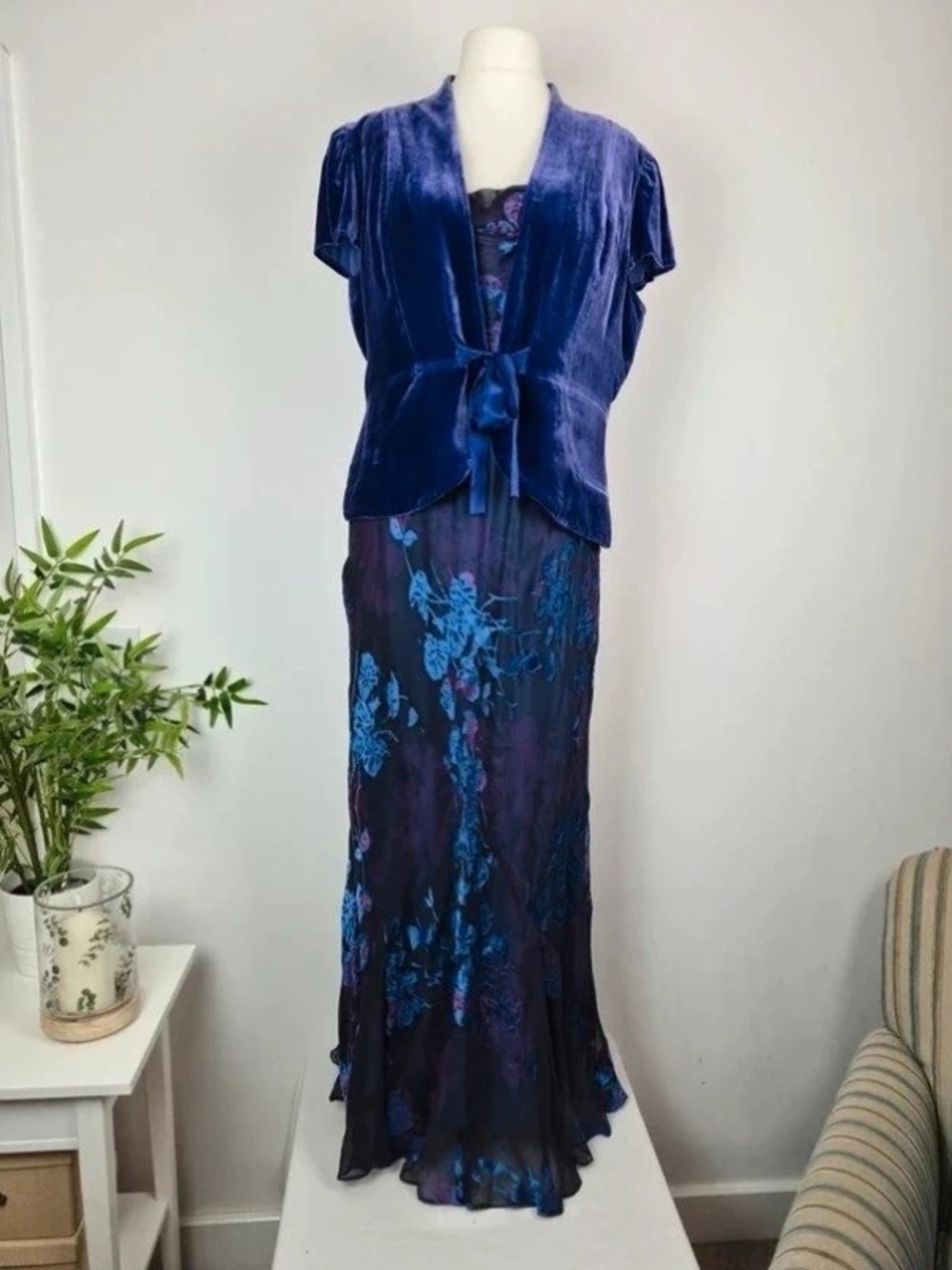 Emerald-Blue Velvet-Trim Floral Maxi Dress